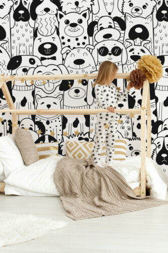 Doodle Dogs wall mural peel and stick pattern by Fancy Walls with cute cartoon-style pups for cheerful décor.