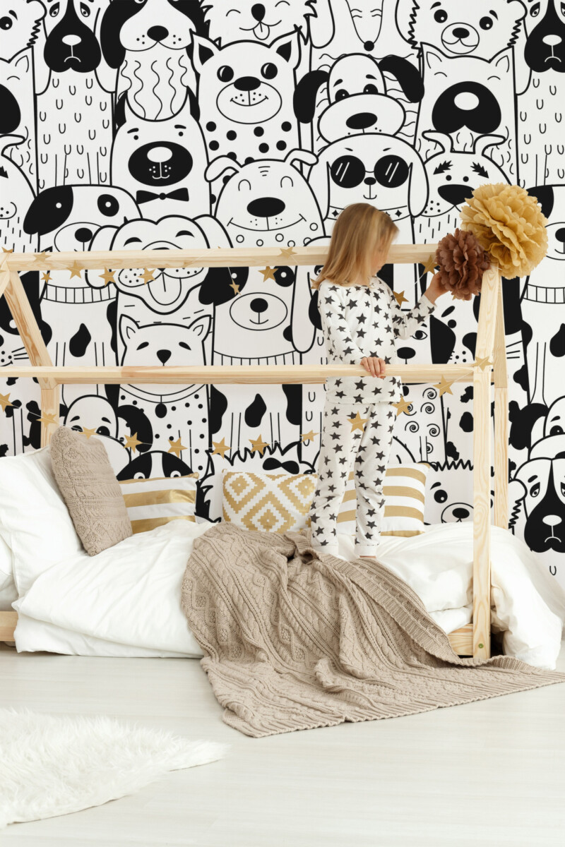 Doodle Dogs wall mural peel and stick pattern by Fancy Walls with cute cartoon-style pups for cheerful décor.