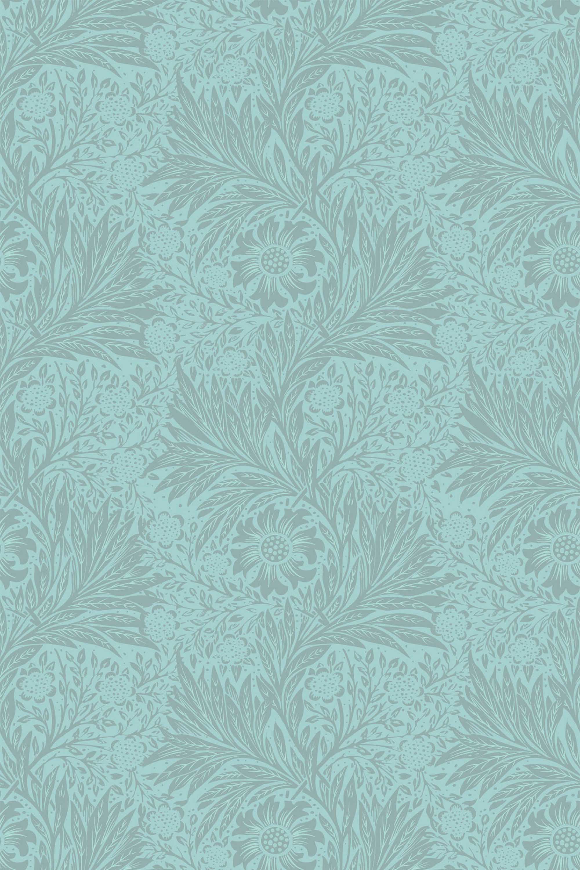 Fancy Walls self-adhesive wallpaper featuring elegant floral design in soft blue with vintage botanical detailing.