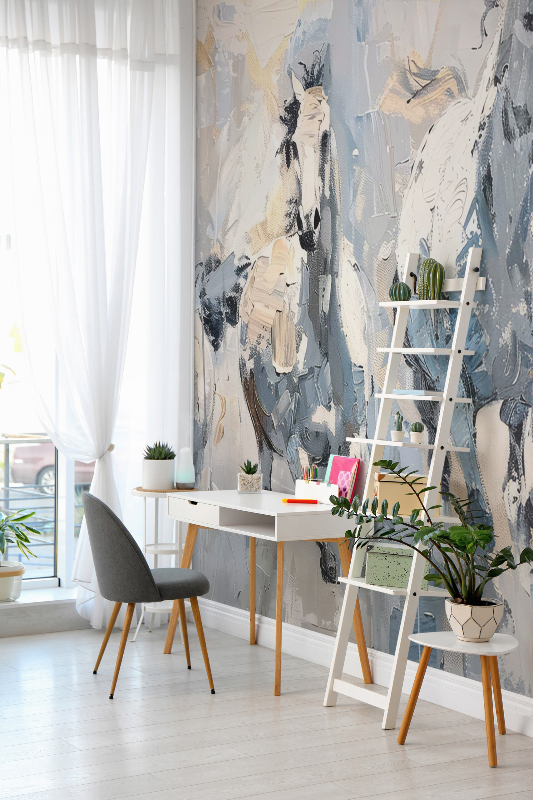 Fancy Walls printed wall mural Abstract Horse Elegance showcasing painterly horses with fluid brushwork and subtle texture.