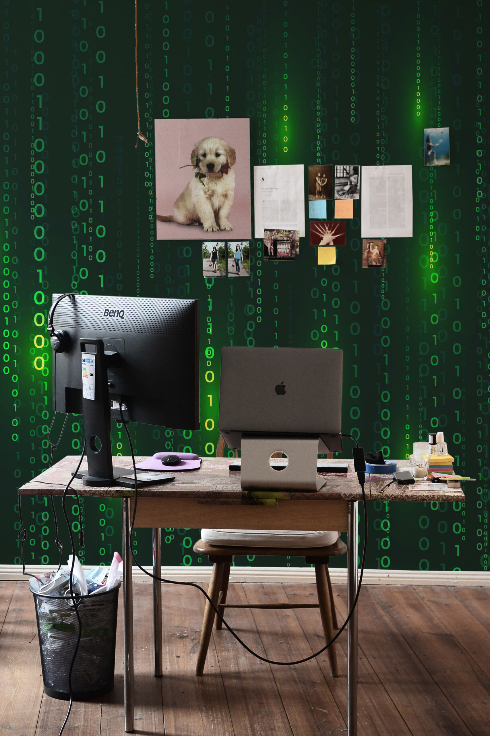 Fancy Walls printed wall mural Binary Data Rain with neon green binary flow for modern tech interiors.