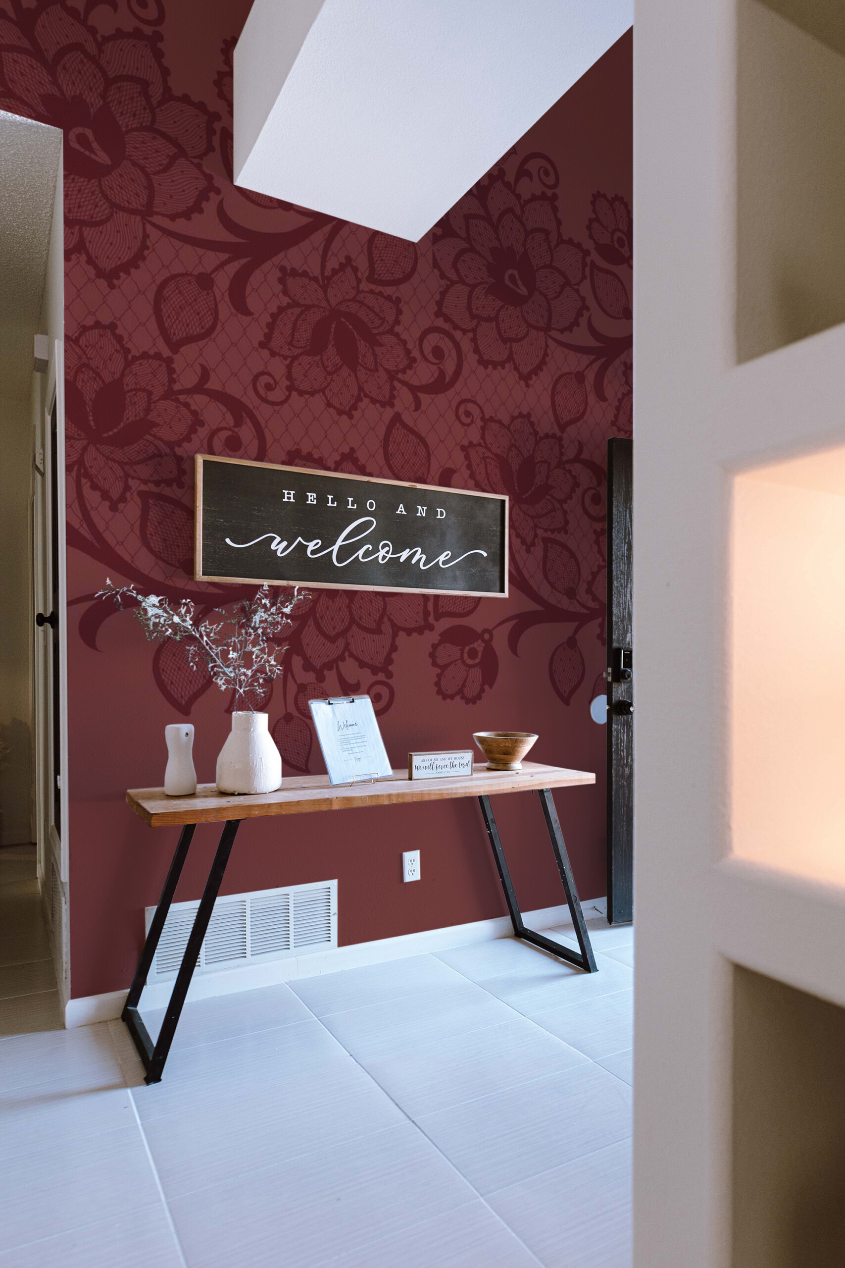 Fancy Walls printed wall mural Burgundy Floral Lace inspired by timeless lacework and floral symmetry.