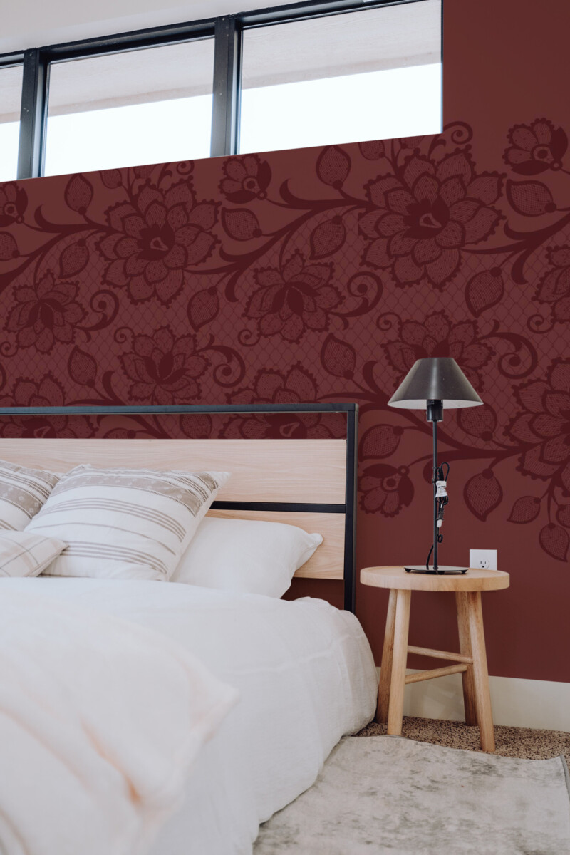 Fancy Walls removable wall mural Burgundy Floral Lace with ornamental flower details and rich burgundy tones.