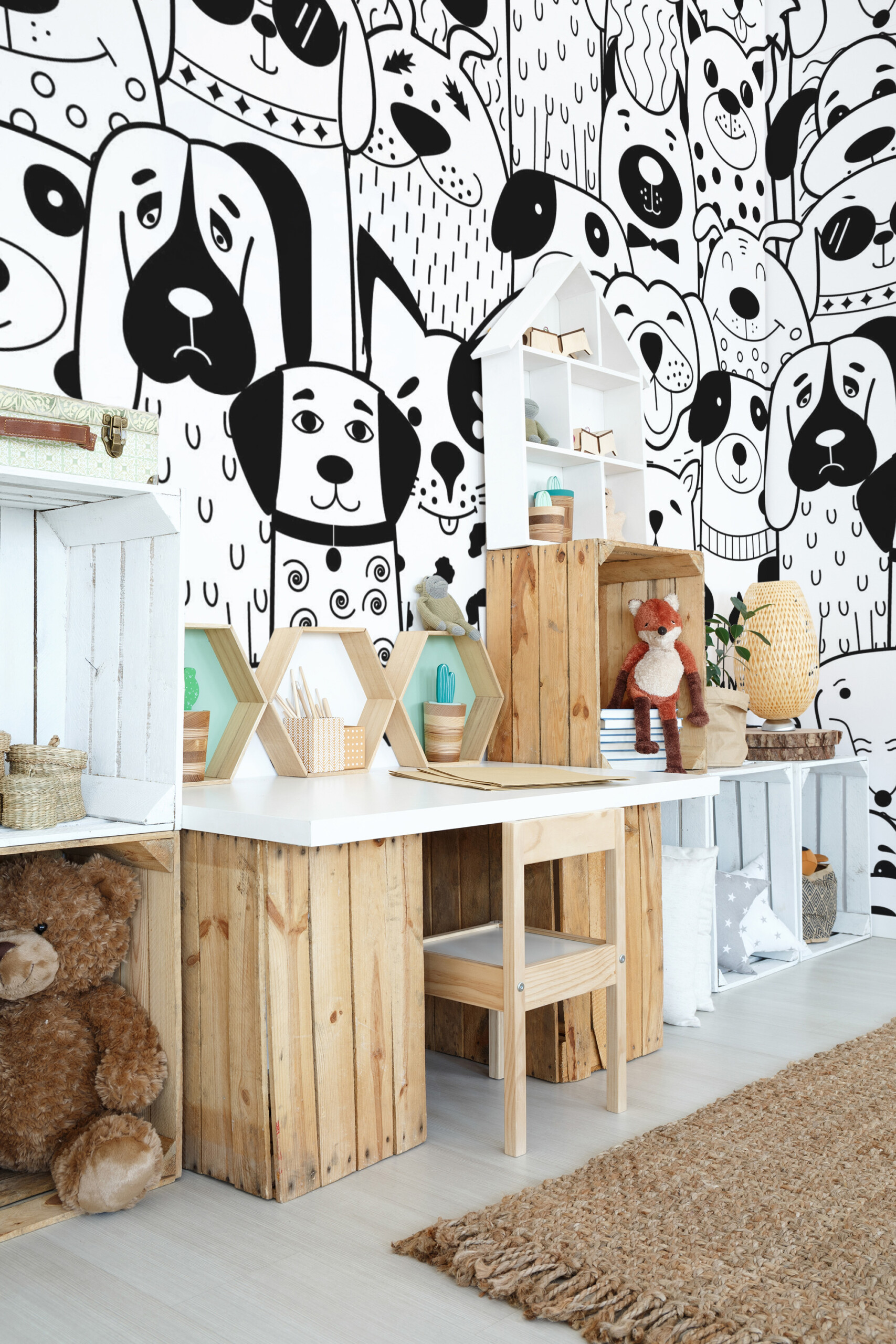Fancy Walls removable wall mural Doodle Dogs offering a monochrome pet-themed print for fun family spaces.