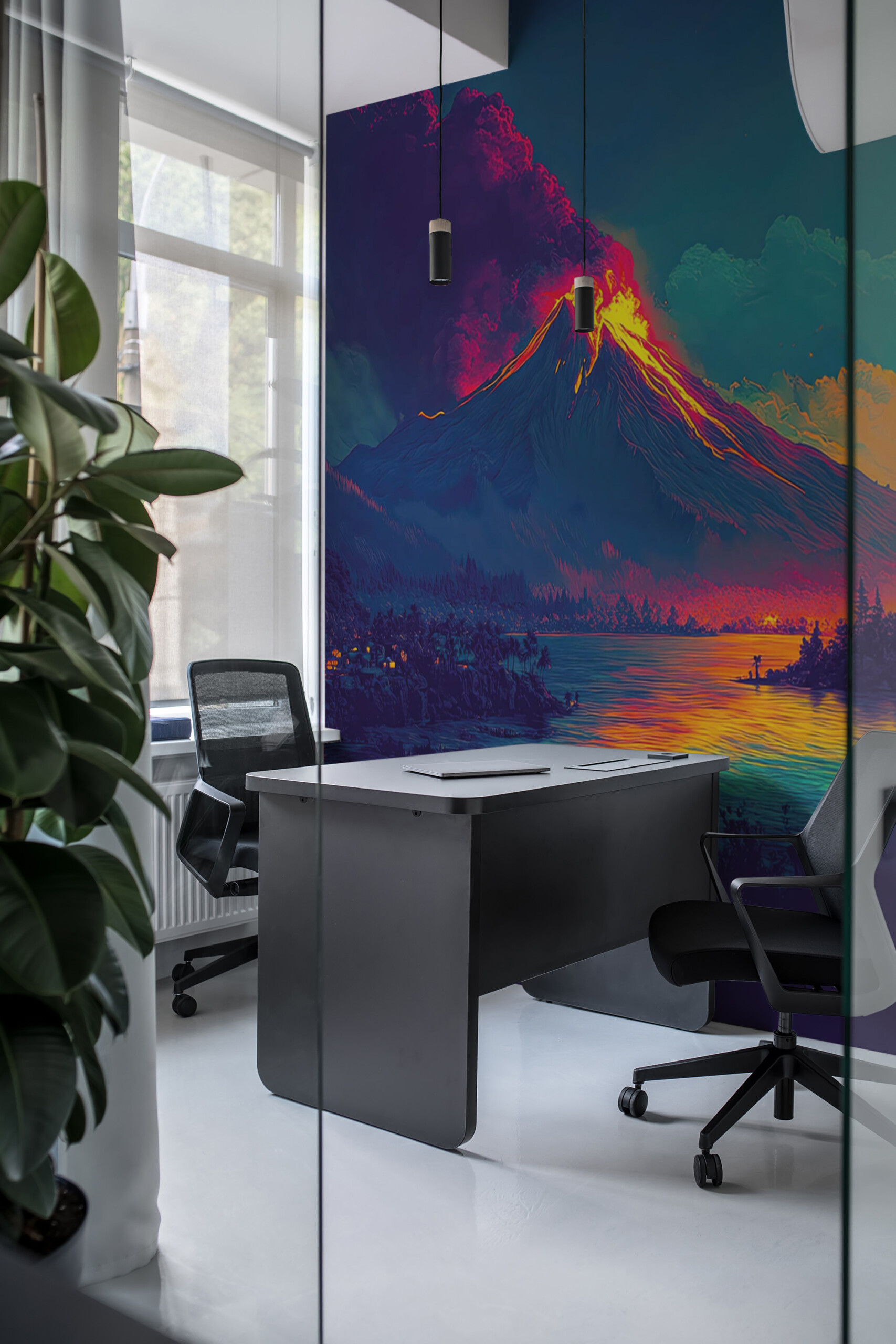 Fiery Volcano Landscape peel and stick wall mural with glowing eruption and tropical tones — a PVC-free and eco-friendly removable wallpaper mural.