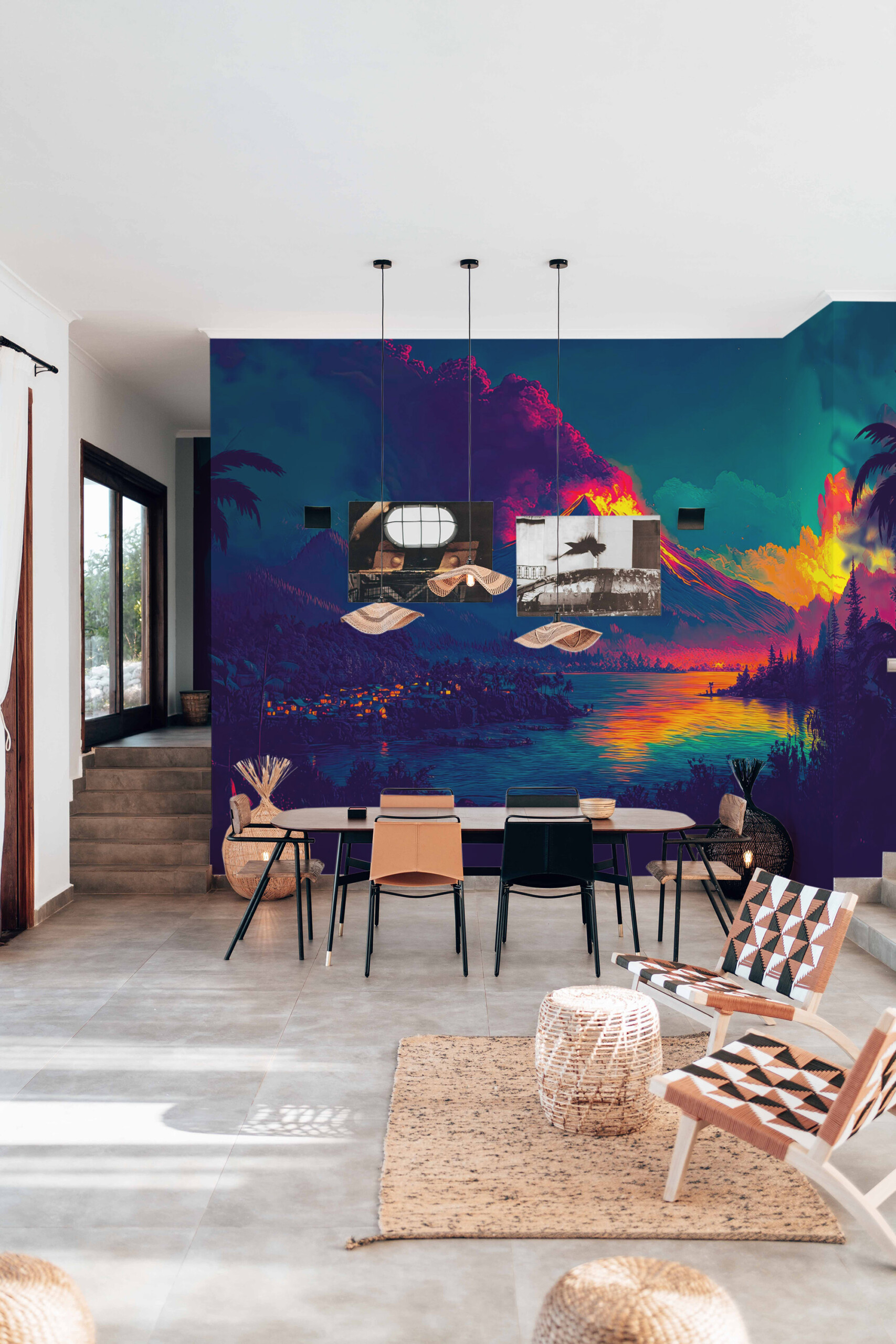 Tropical Volcano Scenery wall mural adds cinematic warmth and exotic energy to living rooms or creative interiors.