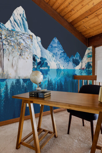 Fancy Walls printed wall mural Frosty Mountains with serene snowy landscape and calm winter reflections.