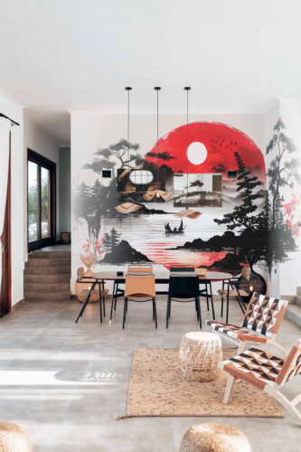 Japanese Sunrise peel and stick wall mural brings calm energy with red sun and mountain silhouettes — perfect for serene modern décor.