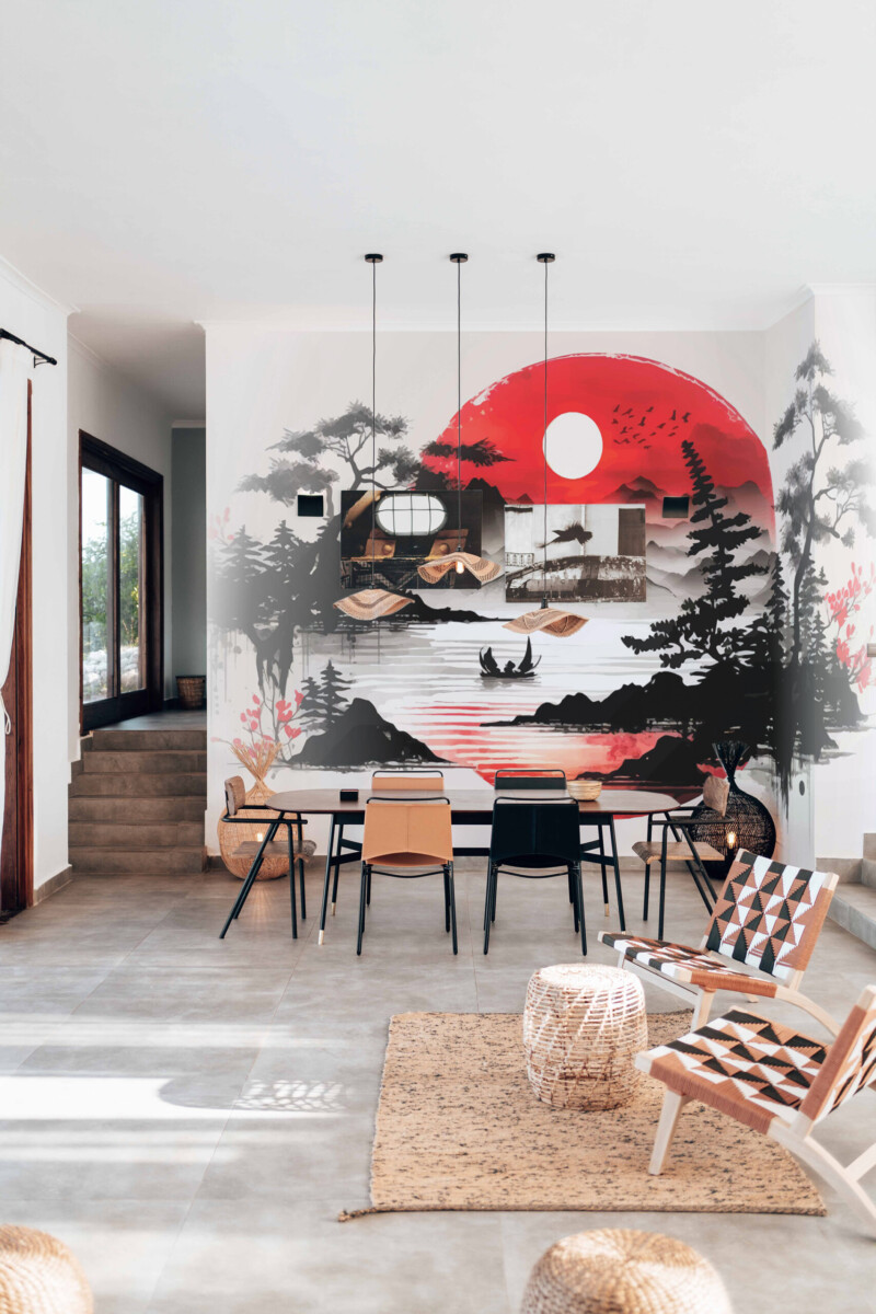 Japanese Sunrise peel and stick wall mural brings calm energy with red sun and mountain silhouettes — perfect for serene modern décor.