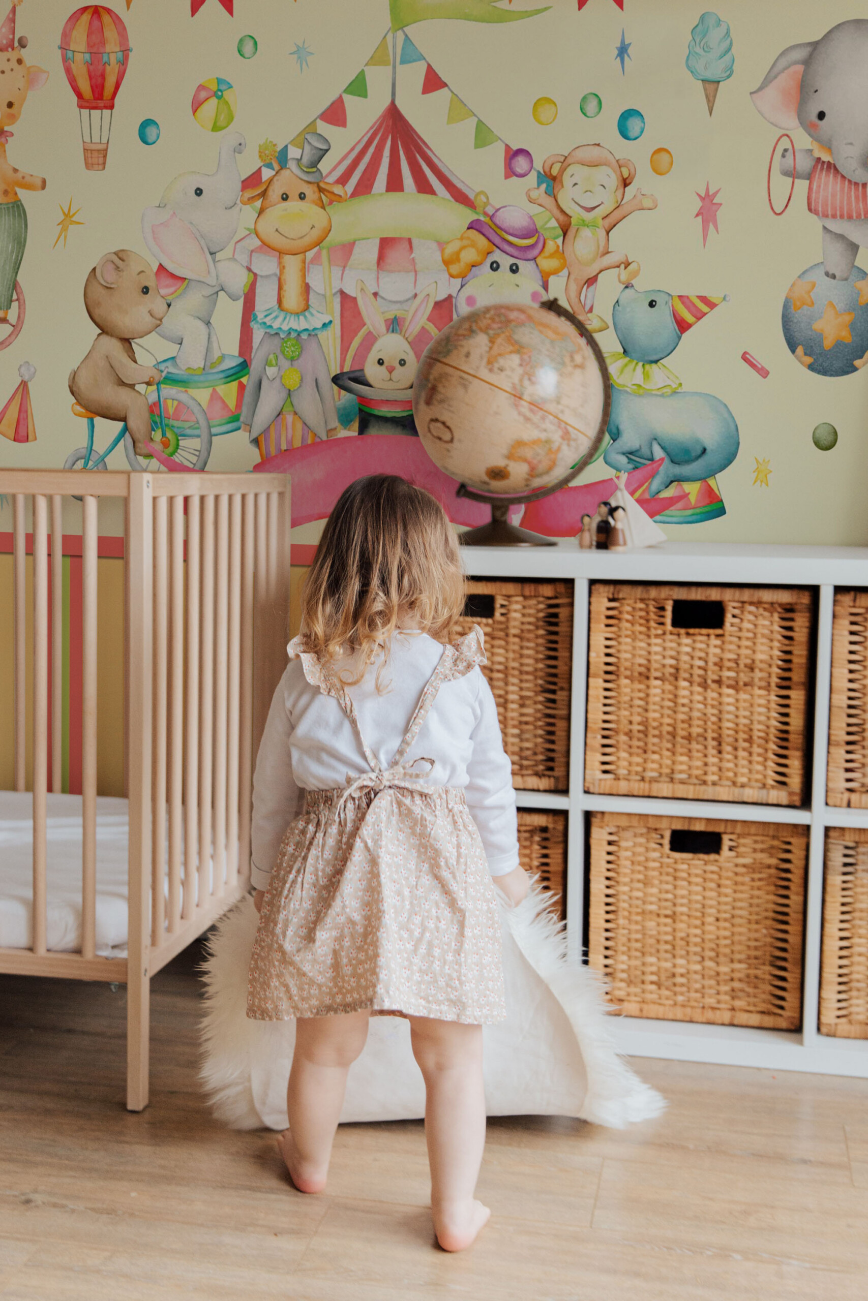 Little Circus Adventure removable wall mural with watercolor circus characters and banners for cozy kids’ interiors.