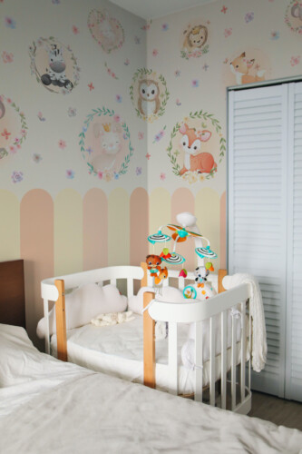 Peach Dreamy Animals peel and stick wall mural with soft tones and cute baby animals for cozy nursery décor.