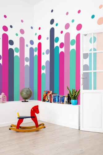 Playful Color Drops peel and stick wall mural with colorful vertical stripes and dots for modern kids décor.