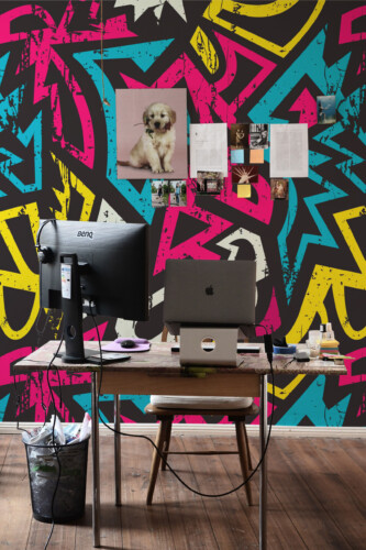 Fancy Walls Urban Energy Graffiti peel and stick wall mural in bright magenta, cyan, and yellow tones for modern décor.