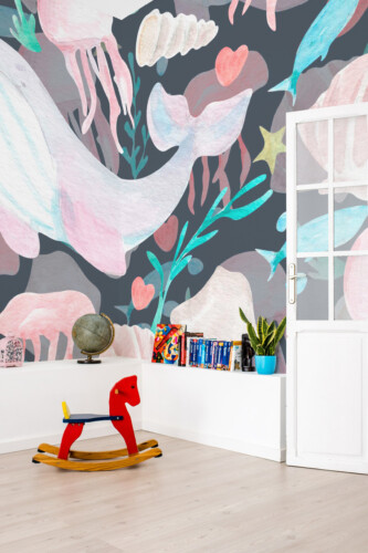 Fancy Walls Watercolor Ocean Friends peel and stick wall mural with soft whales, shells, and jellyfish.
