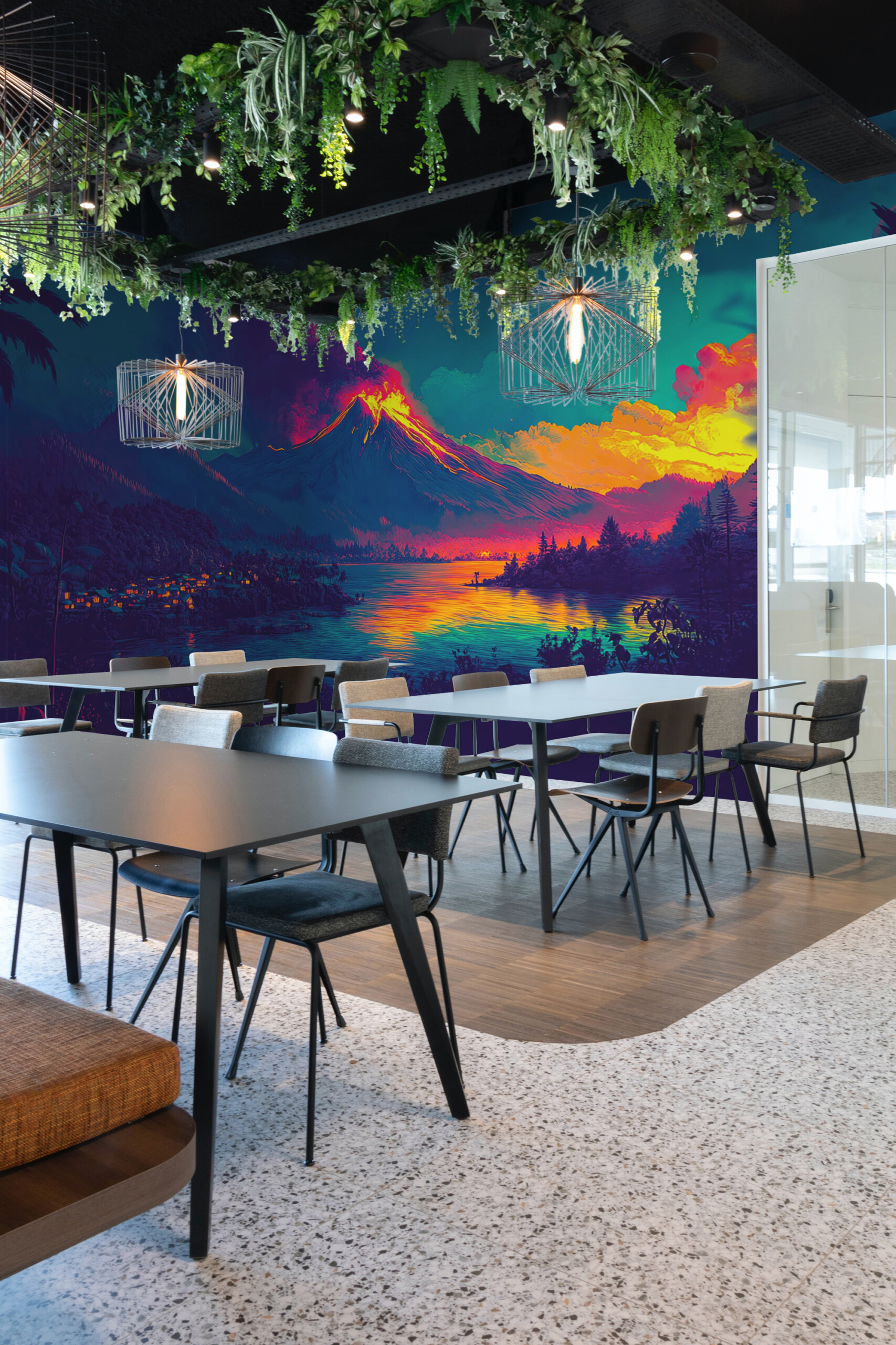 Tropical Volcano Scenery peel and stick wall mural featuring vibrant lava tones and sunset reflections over calm tropical waters.