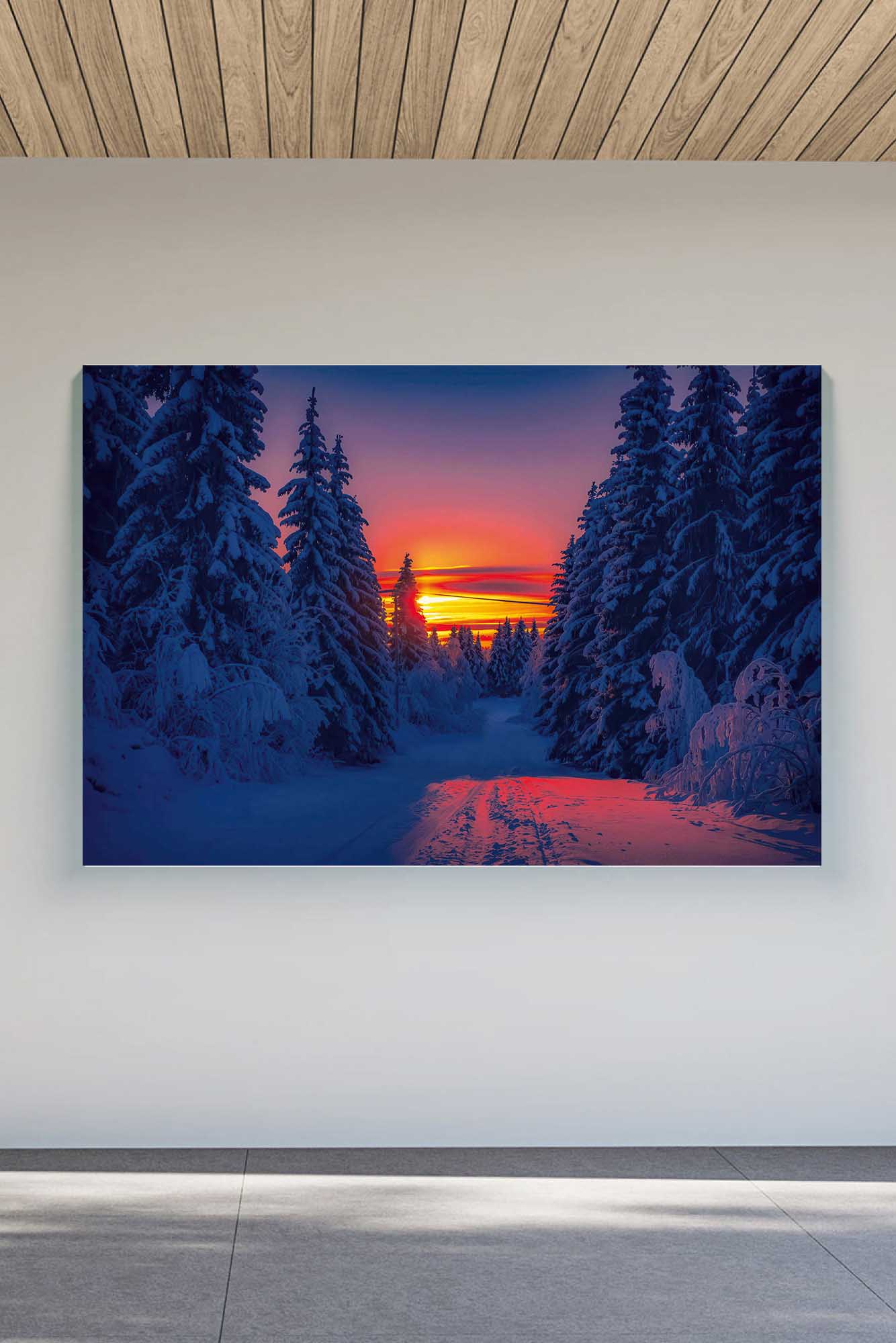 Finland Winter Sunset premium canvas print with snowy forest and glowing sunset, ideal for calm living room décor. Fancy Walls hand-stretched canvas.