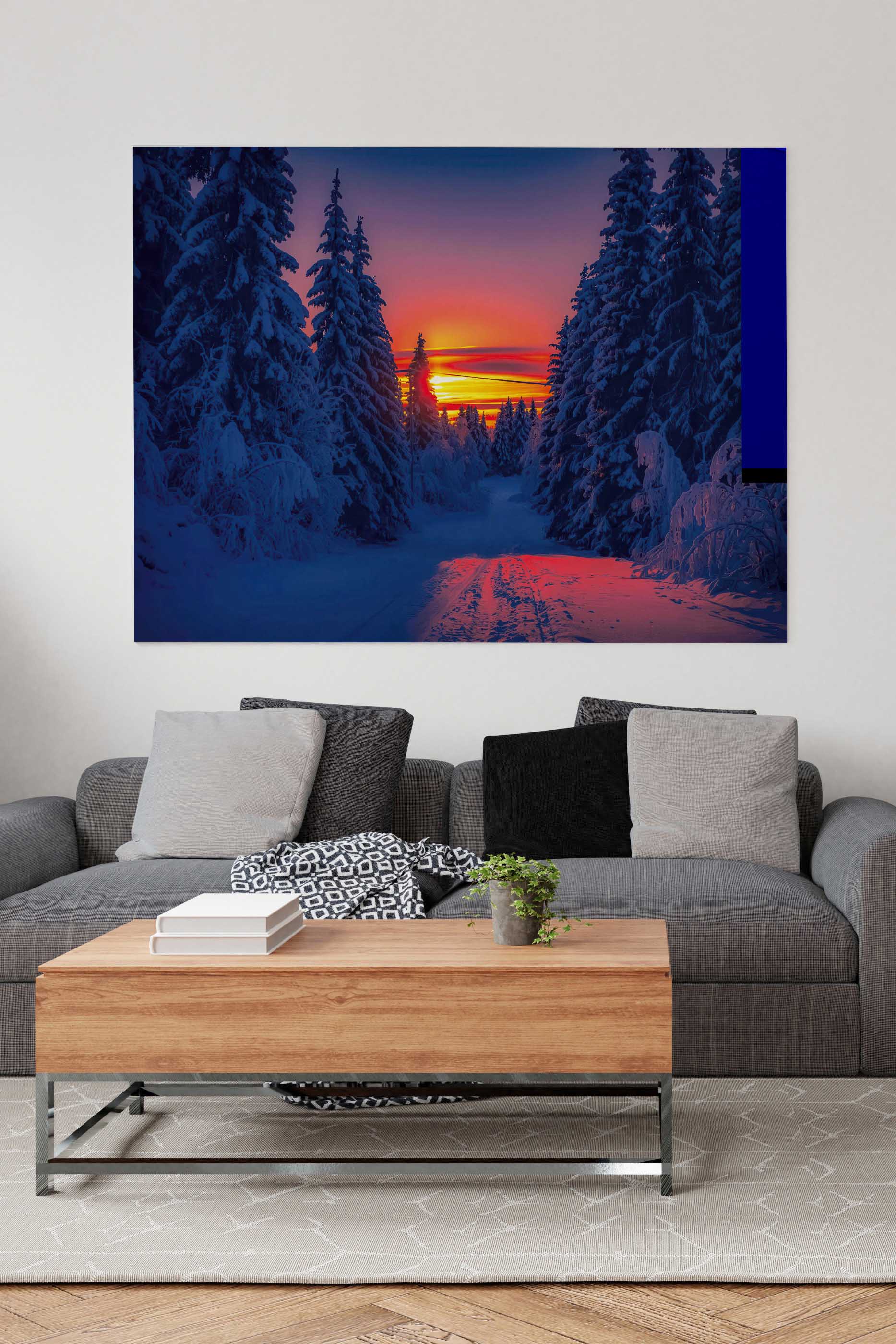 Finland Winter Sunset premium canvas print showing winter pines and warm evening sky, perfect for bedroom or serene interior décor. Fancy Walls hand-stretched canvas.