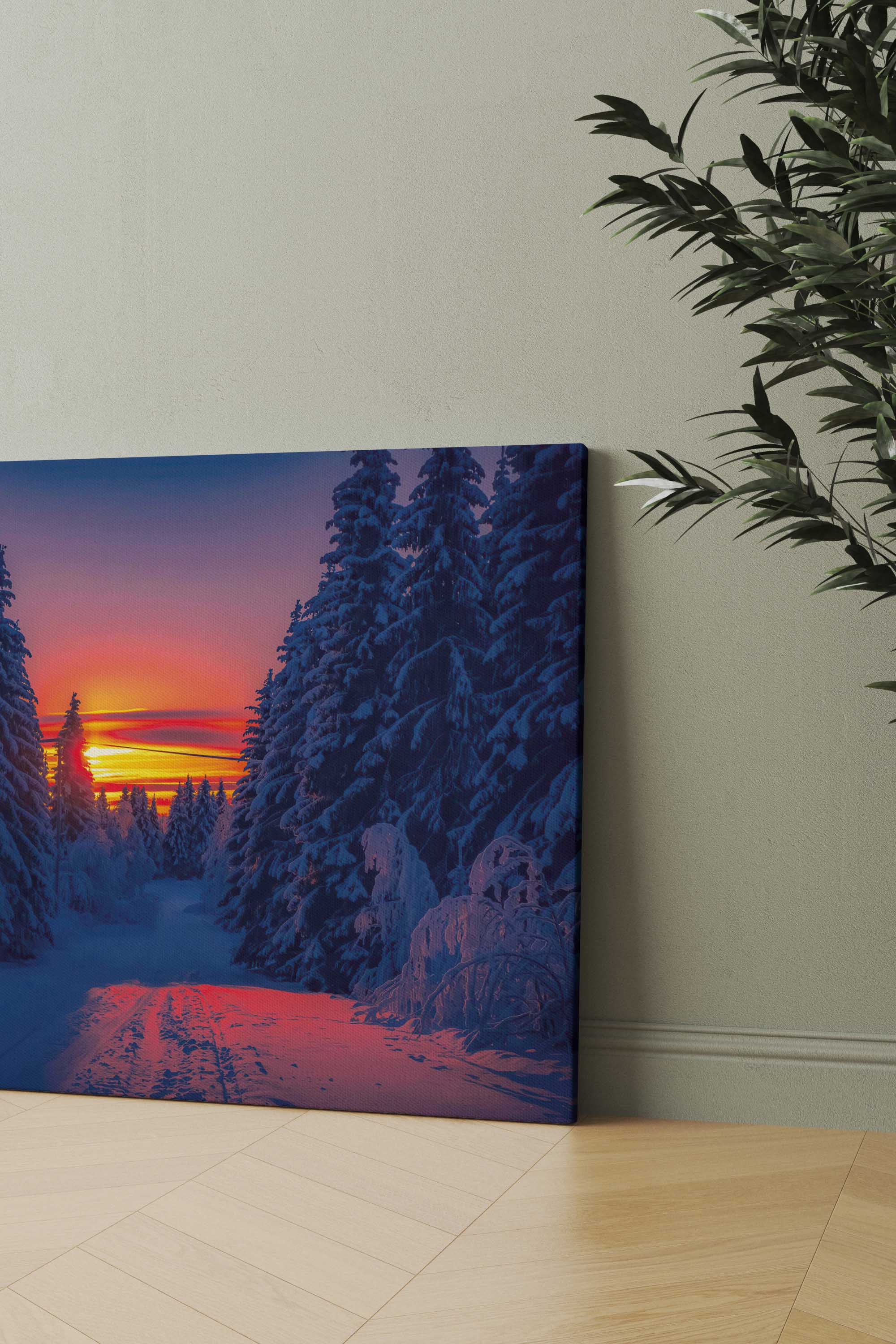 Finland Winter Sunset premium canvas print featuring a snowy forest path at sunset, ideal for modern winter home décor. Fancy Walls hand-stretched canvas.