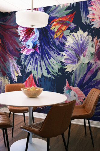 Fancy Walls Flowing Betta Elegance peel and stick wall mural featuring watercolor betta fish in vivid purple and red hues.