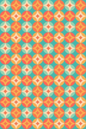Fancy Walls removable wallpaper showing vintage orange starburst elements arranged in a rhythmic retro repeat.