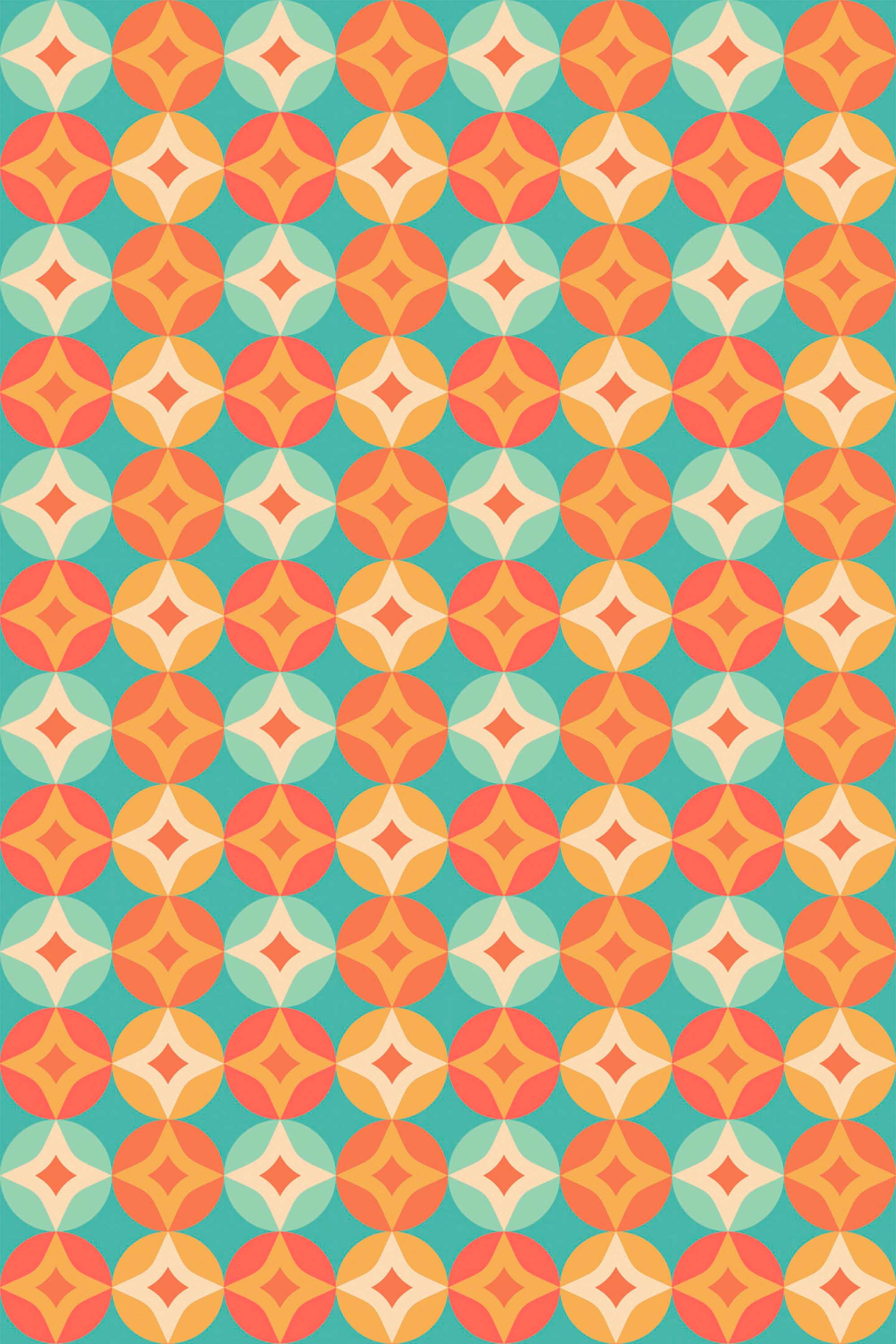 Fancy Walls removable wallpaper showing vintage orange starburst elements arranged in a rhythmic retro repeat.
