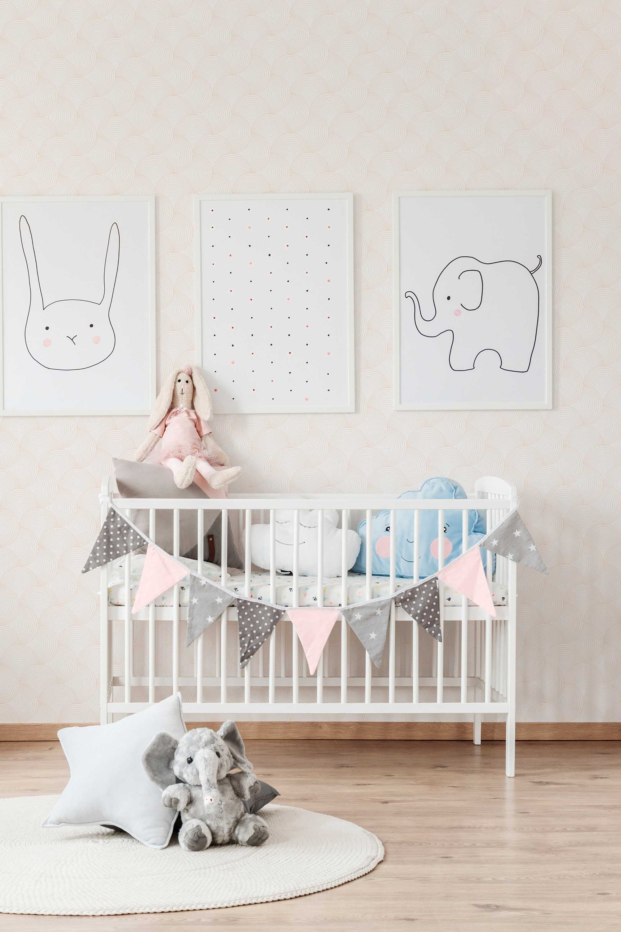Fancy Walls traditional wallpaper presenting soft peach Art Deco line motifs for a timeless nursery atmosphere.