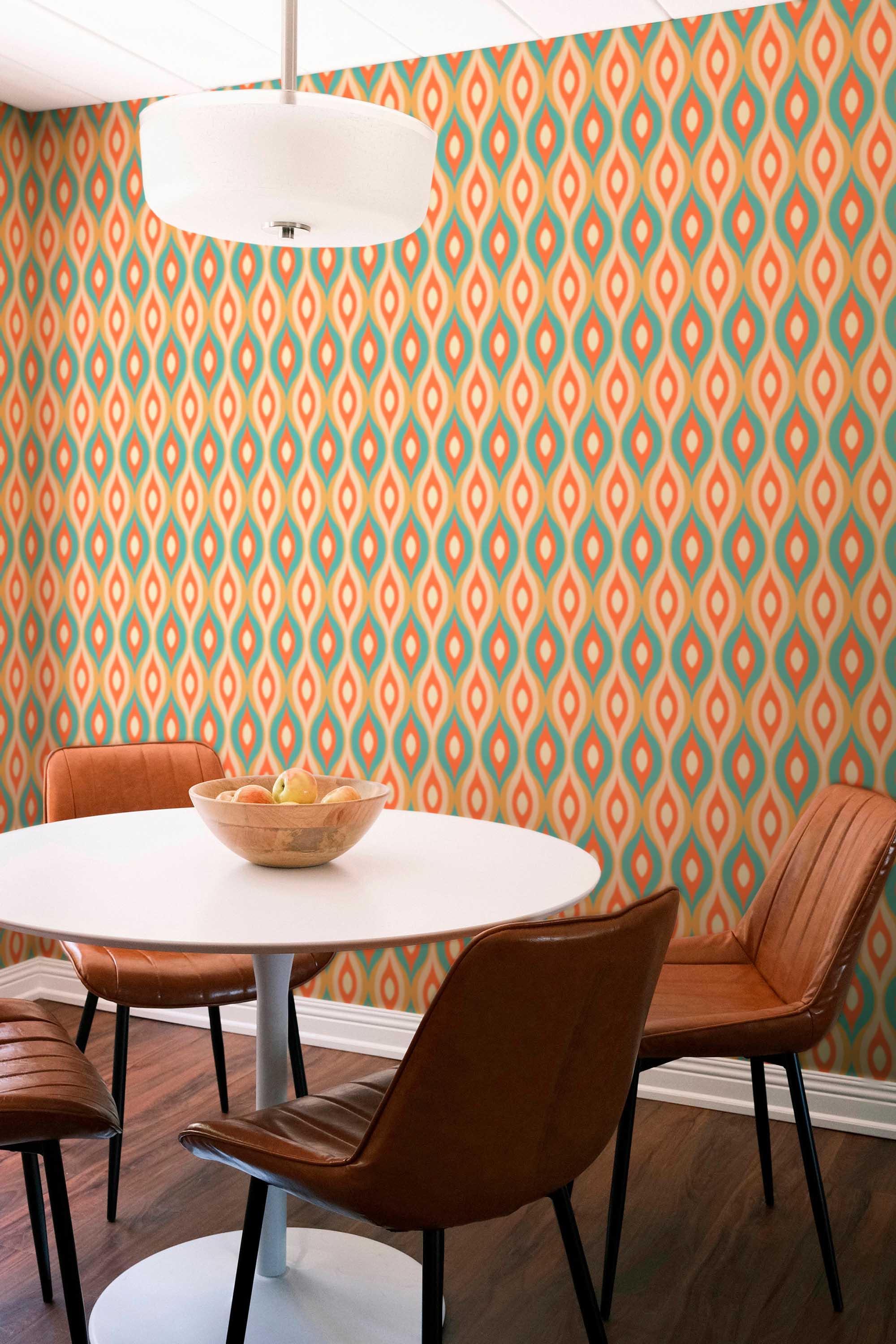 Fancy Walls traditional wallpaper featuring patterned orange and green retro leaves.