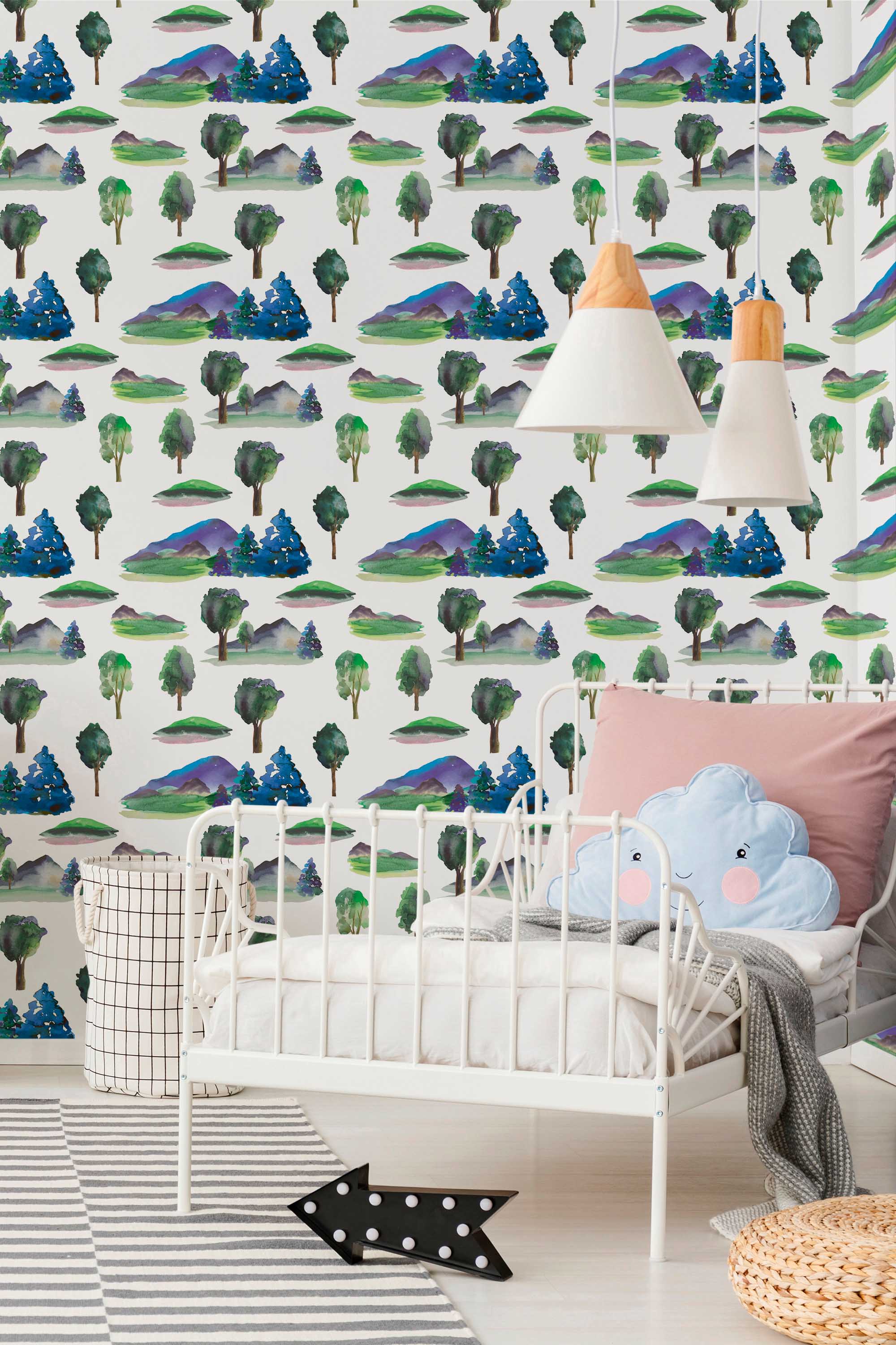 Fancy Walls peel and stick wallpaper featuring hand-painted green woodland trees for a fresh and calming nature-inspired room.