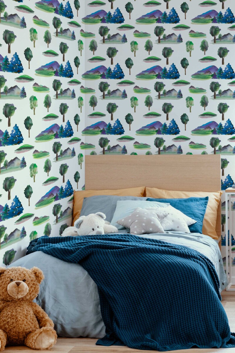 Fancy Walls traditional wallpaper featuring hand-painted woodland greenery arranged in a simple repeat for timeless natural charm.