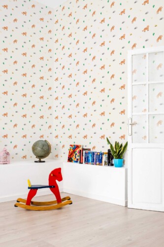 Fancy Walls self-adhesive wallpaper featuring minimal greige safari creatures ideal for a calming nursery look.