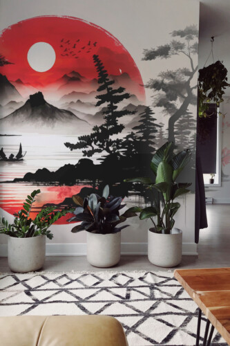 Japan Serenity wall mural adds misty peaks and tranquil reflections in delicate brushwork — ideal for living rooms or meditation spaces.