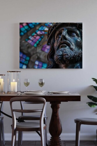 Sacred Christ premium canvas print with expressive Christian artwork of Jesus Christ, ideal for spiritual spaces and faith-inspired décor. Fancy Walls hand-stretched canvas.