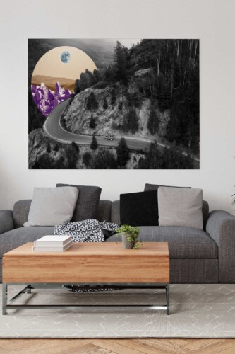 Surreal Mountain Collage premium canvas print featuring a dreamlike mountain collage with moon and vivid colors, perfect for creative interior décor. Fancy Walls hand-stretched canvas.
