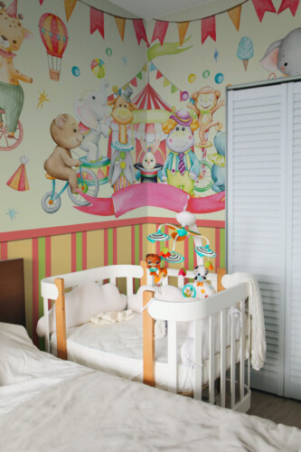 Little Circus Adventure peel and stick wall mural adds color and whimsical charm to modern nursery décor.