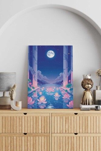 Moonlit Lotus Garden textile, hand streched canvas print.