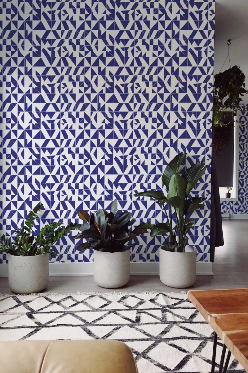 Fancy Walls self-adhesive wallpaper with abstract navy blue geometric triangle repeats for a striking interior.