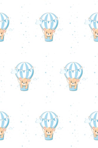 Fancy Walls removable wallpaper with cute teddy air balloons in gentle blue and white creating a storybook nursery look.