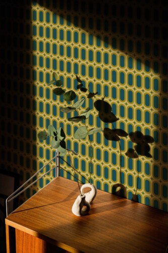 Fancy Walls traditional wallpaper featuring vintage olive green geometric ovals for a bold retro interior.