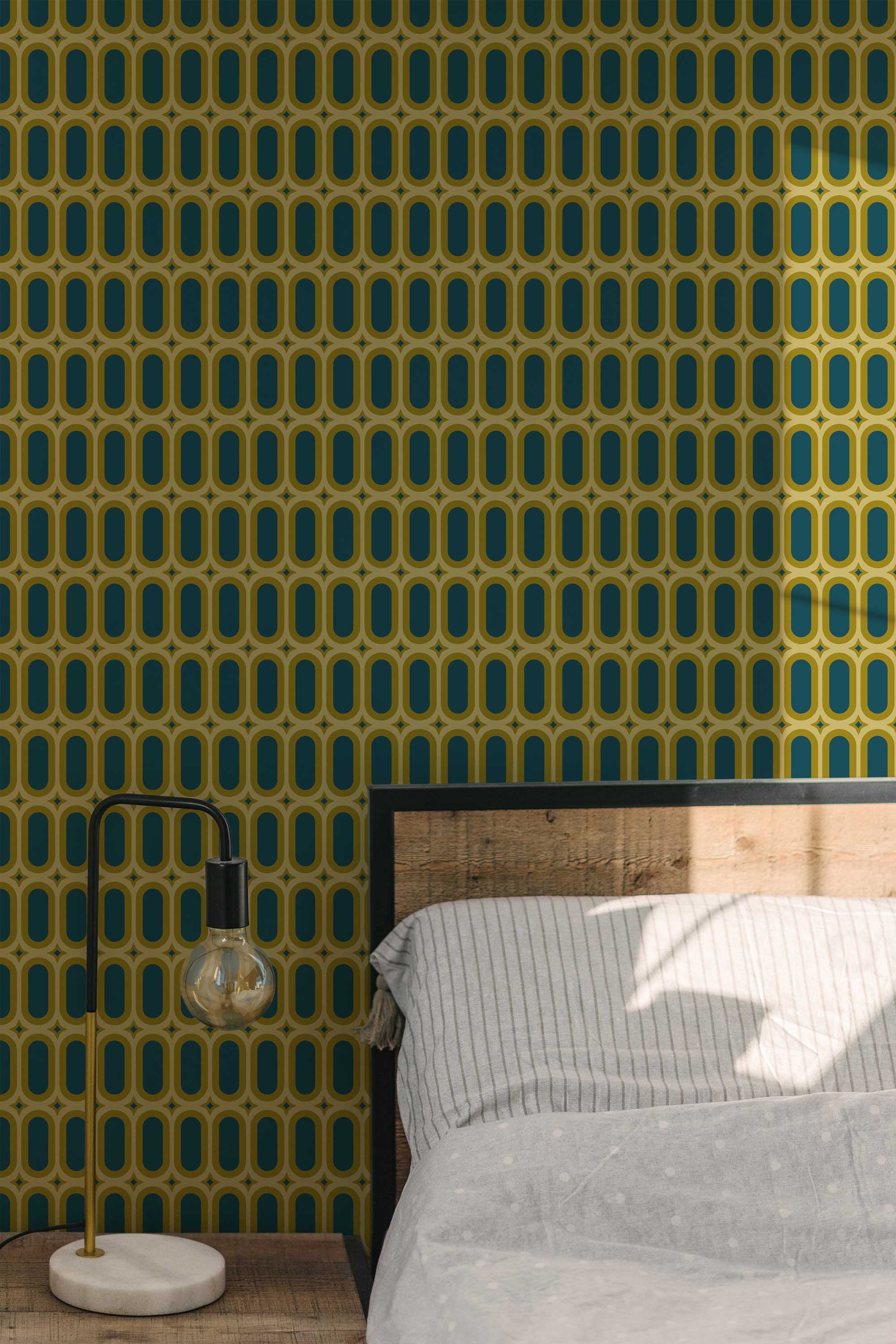 Fancy Walls self-adhesive wallpaper featuring vintage olive green oval geometrics for a midcentury look.