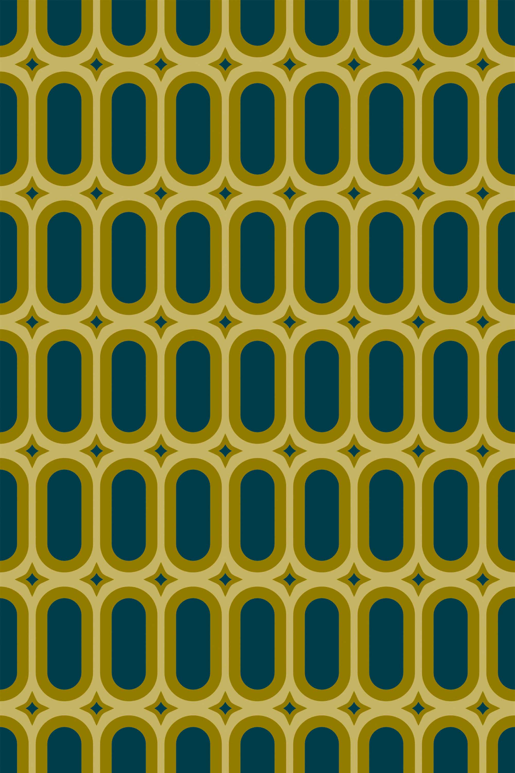 Fancy Walls removable wallpaper showcasing olive green retro geometric ovals in a rich statement pattern.