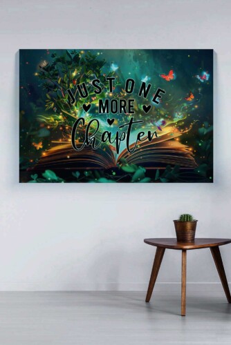 Just One More Chapter premium canvas print with glowing book and butterflies, ideal for reading nook or cozy interior décor. Fancy Walls hand-stretched canvas.