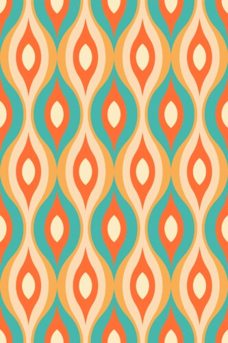 Fancy Walls removable wallpaper showing geometric retro leaf shapes in warm orange hues.