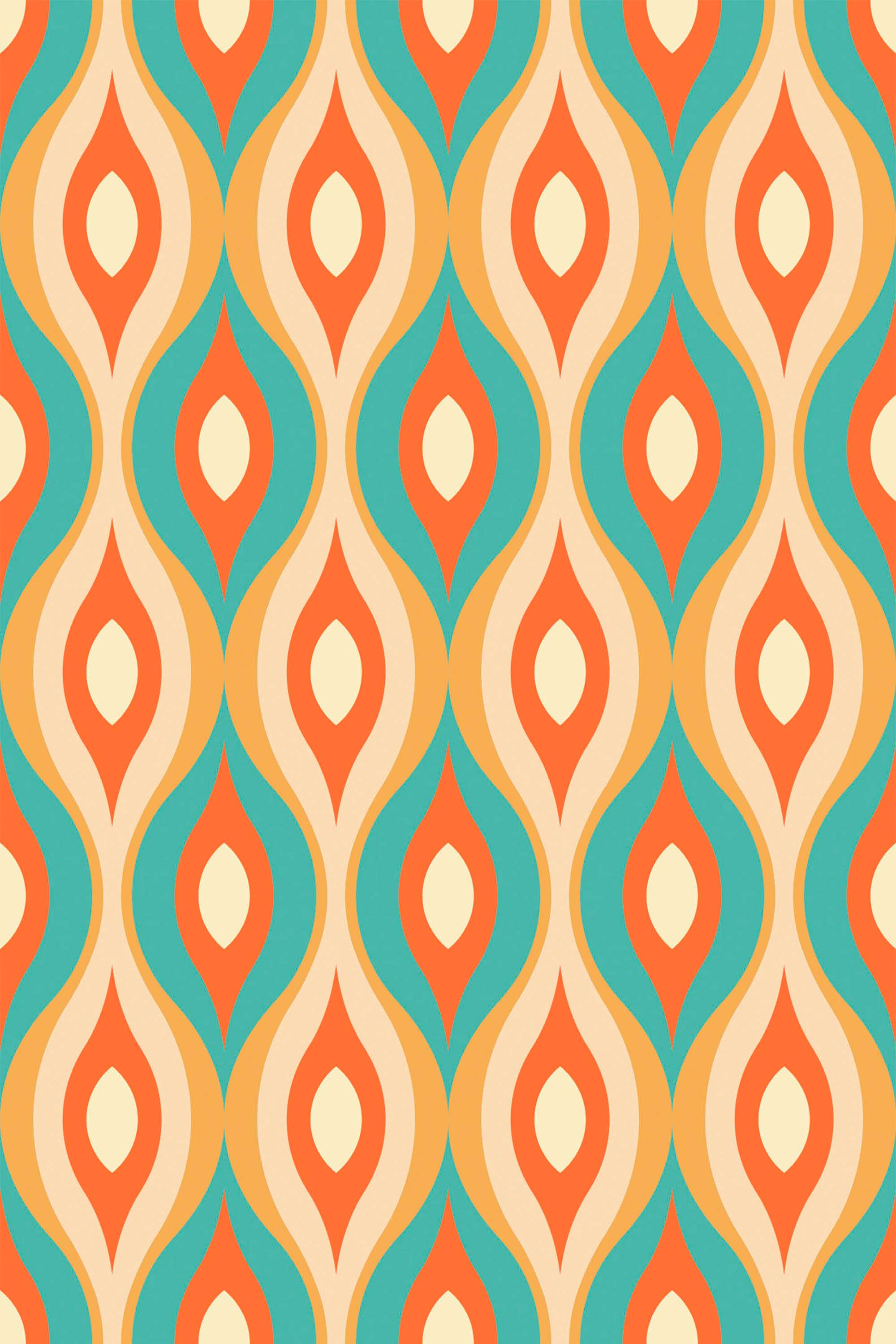 Fancy Walls removable wallpaper showing geometric retro leaf shapes in warm orange hues.
