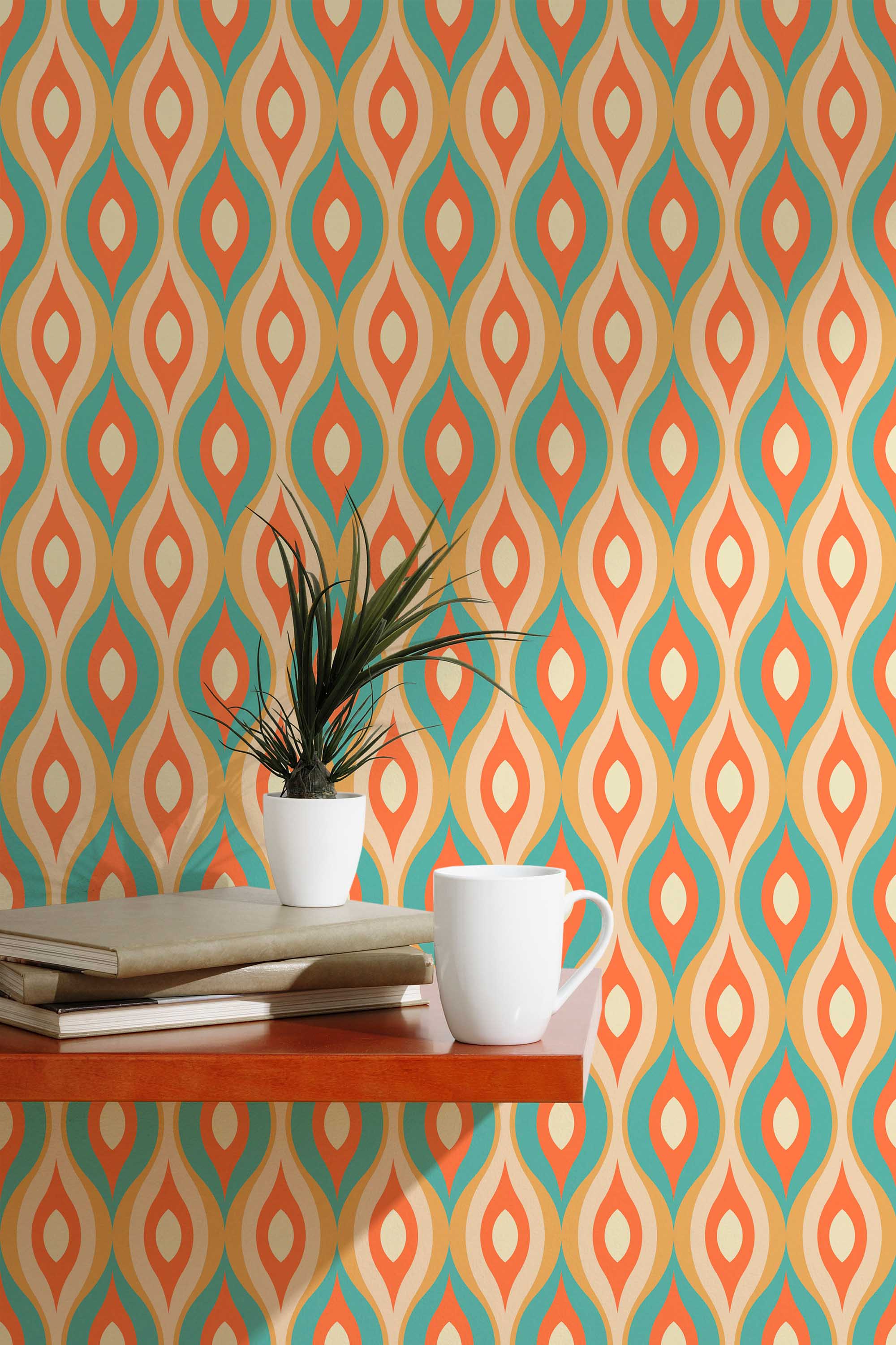Fancy Walls self-adhesive wallpaper featuring lively mid-century style orange and green leaves.
