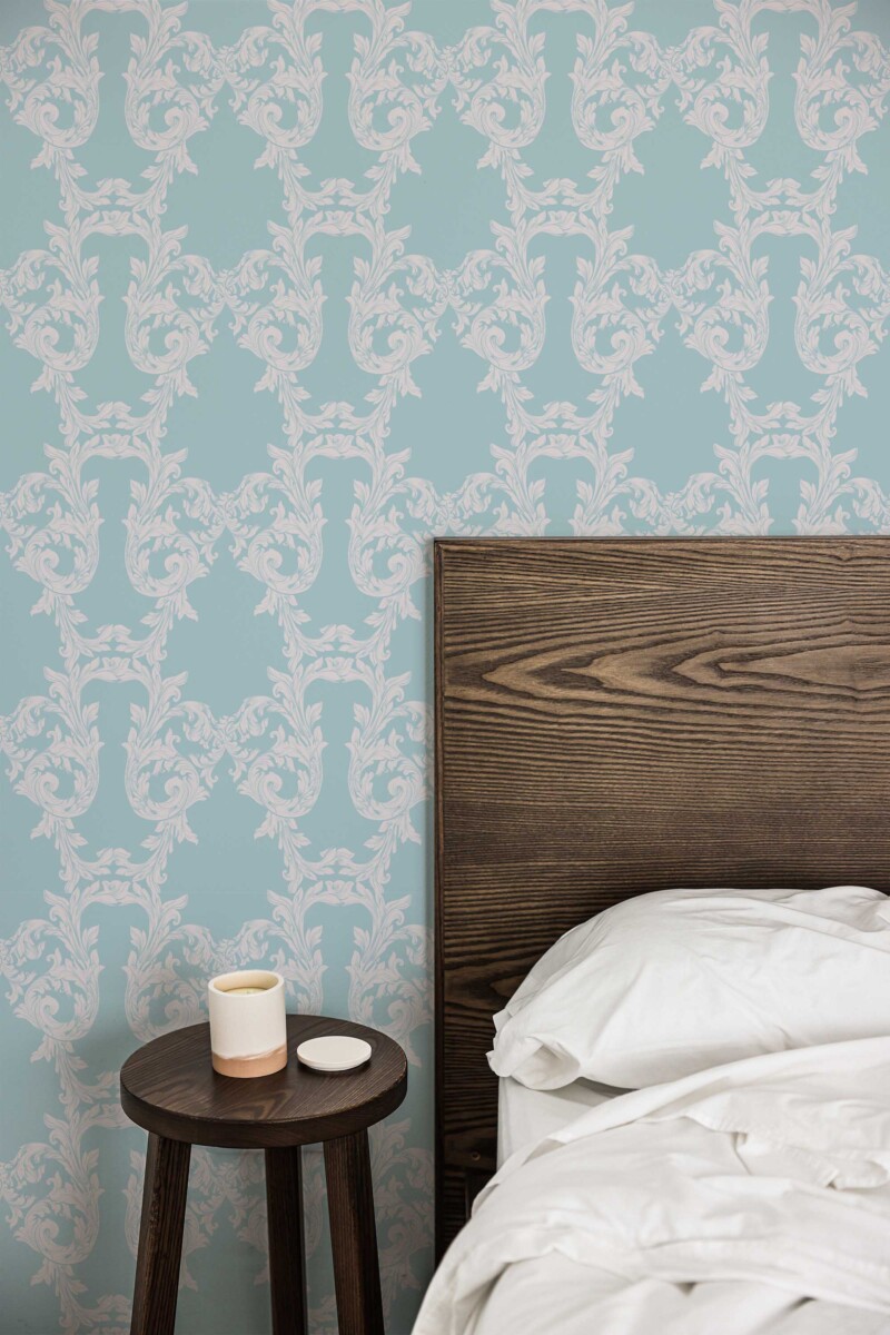 Fancy Walls traditional wallpaper with Victorian-inspired blue damask scrolls for a luxurious classic look.