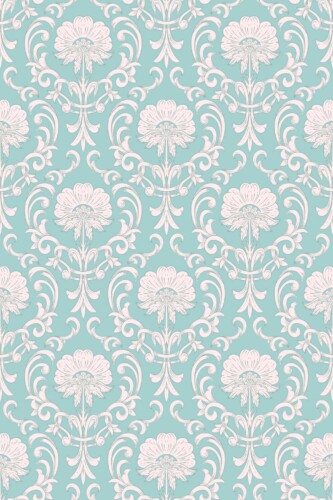 Fancy Walls peel and stick wallpaper with powder blue Victorian florals and ornate vines for elegant classic interiors.