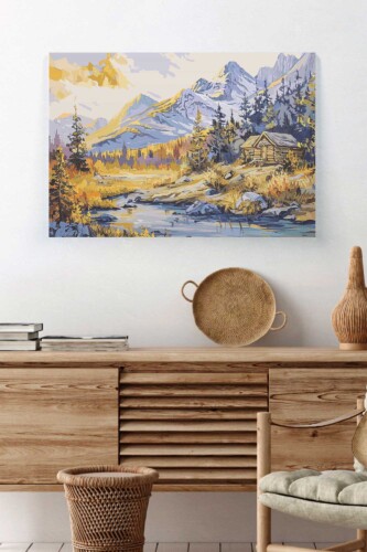 Painted Autumn Nature premium canvas print with rustic cabin, mountains, and fall colors, ideal for farmhouse or country interior décor. Fancy Walls hand-stretched canvas.