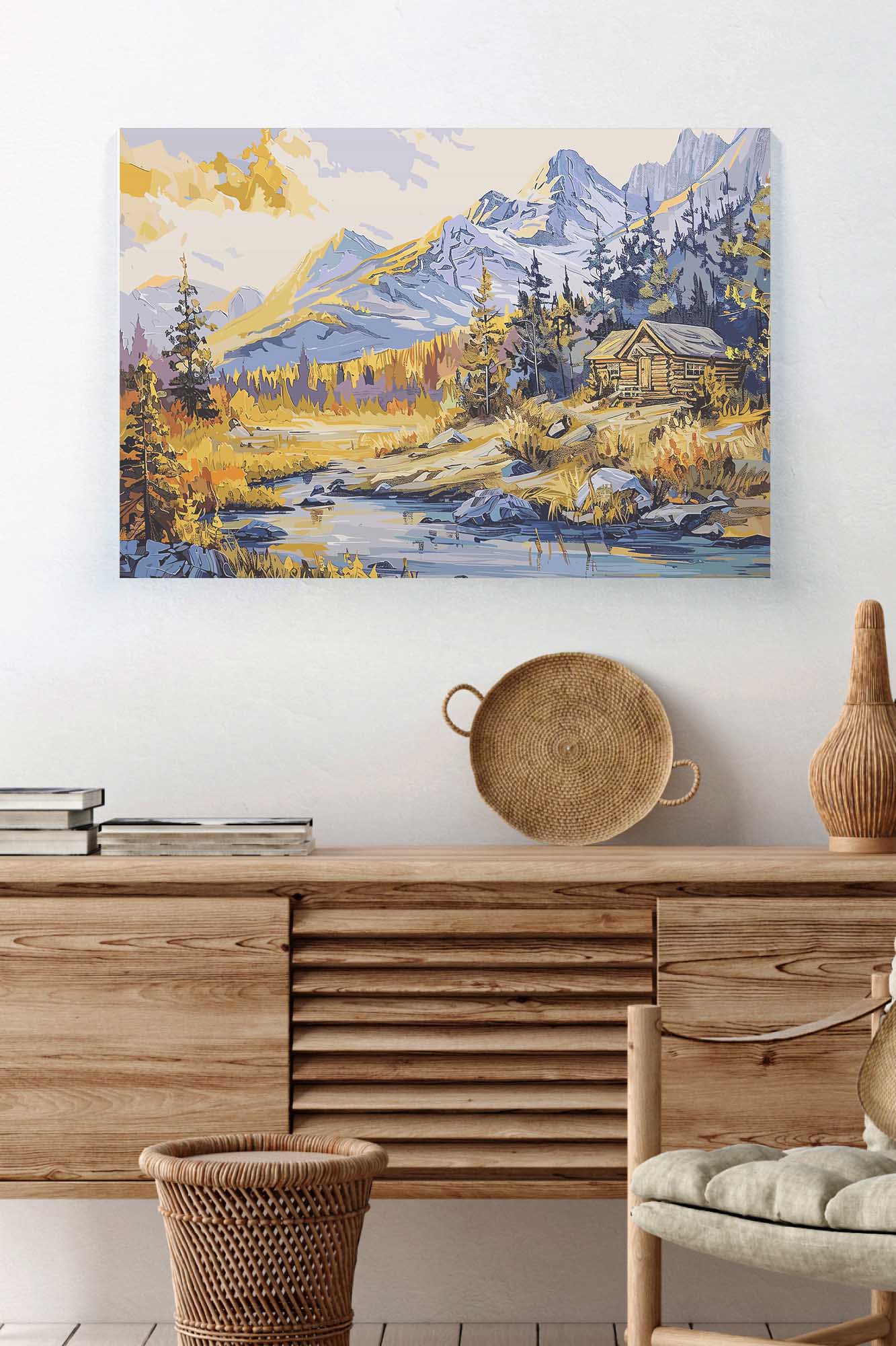 Painted Autumn Nature premium canvas print with rustic cabin, mountains, and fall colors, ideal for farmhouse or country interior décor. Fancy Walls hand-stretched canvas.