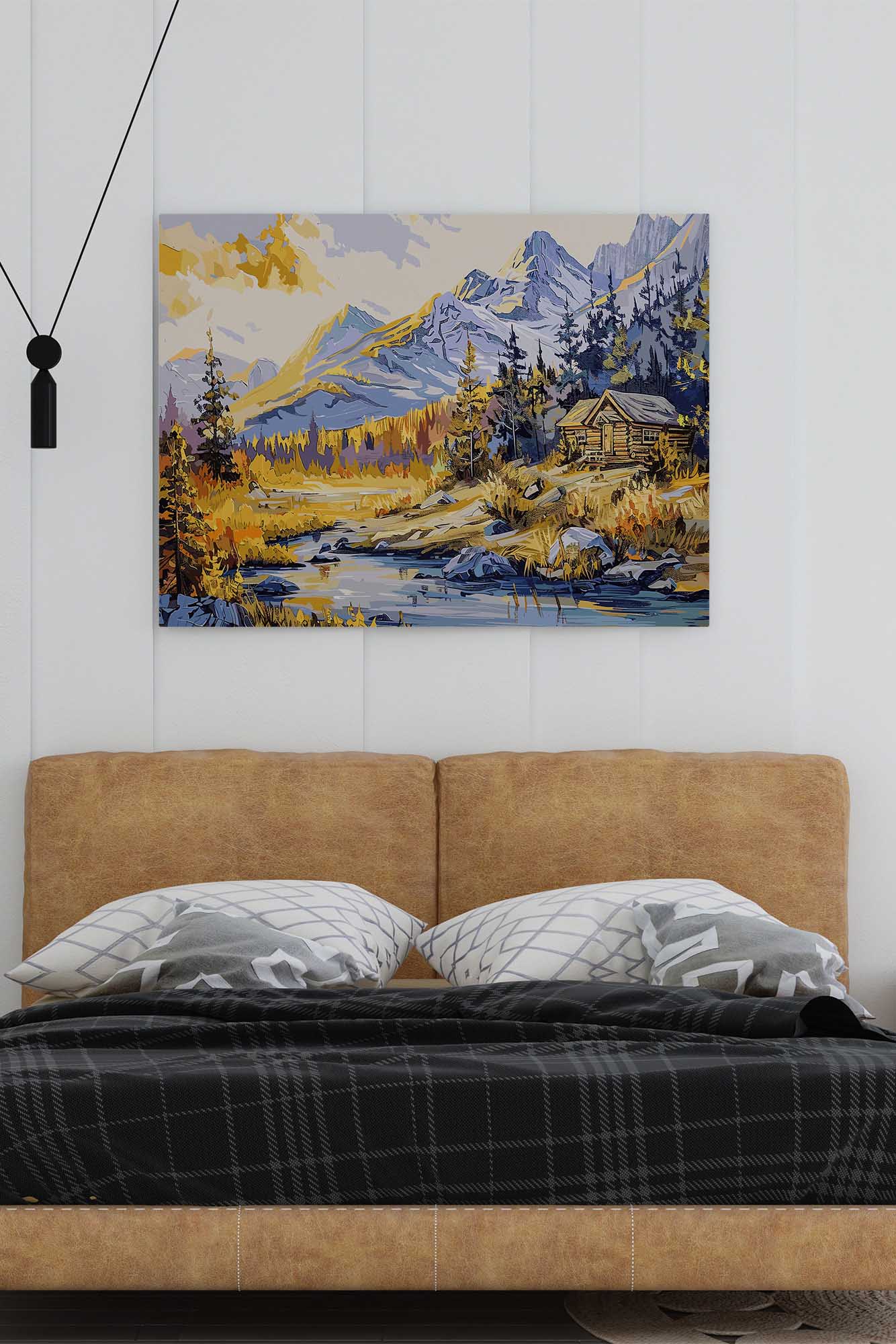 Painted Autumn Nature premium canvas print showing fall nature scenery with cabin and river, ideal for farmhouse or nature-inspired décor. Fancy Walls hand-stretched canvas.