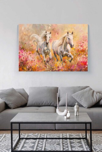 Painted White Horses premium canvas print featuring expressive horse artwork in warm tones, perfect for living room or bedroom décor. Fancy Walls hand-stretched canvas.
